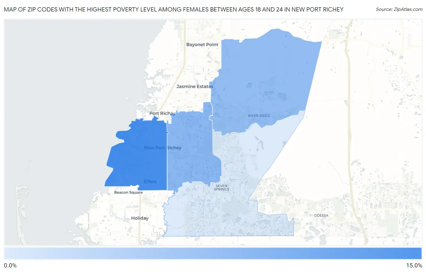Zip Codes with the Highest Poverty Level Among Females Between Ages 18 and 24 in New Port Richey Map