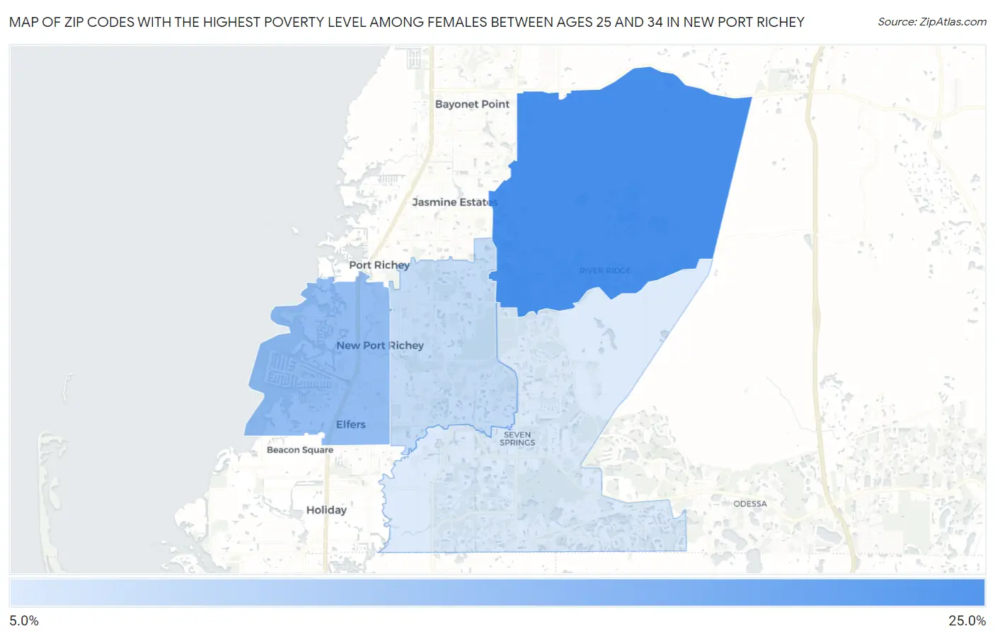 Zip Codes with the Highest Poverty Level Among Females Between Ages 25 and 34 in New Port Richey Map