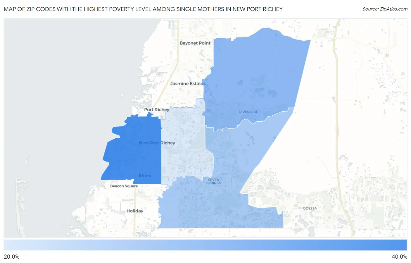 Zip Codes with the Highest Poverty Level Among Single Mothers in New Port Richey Map