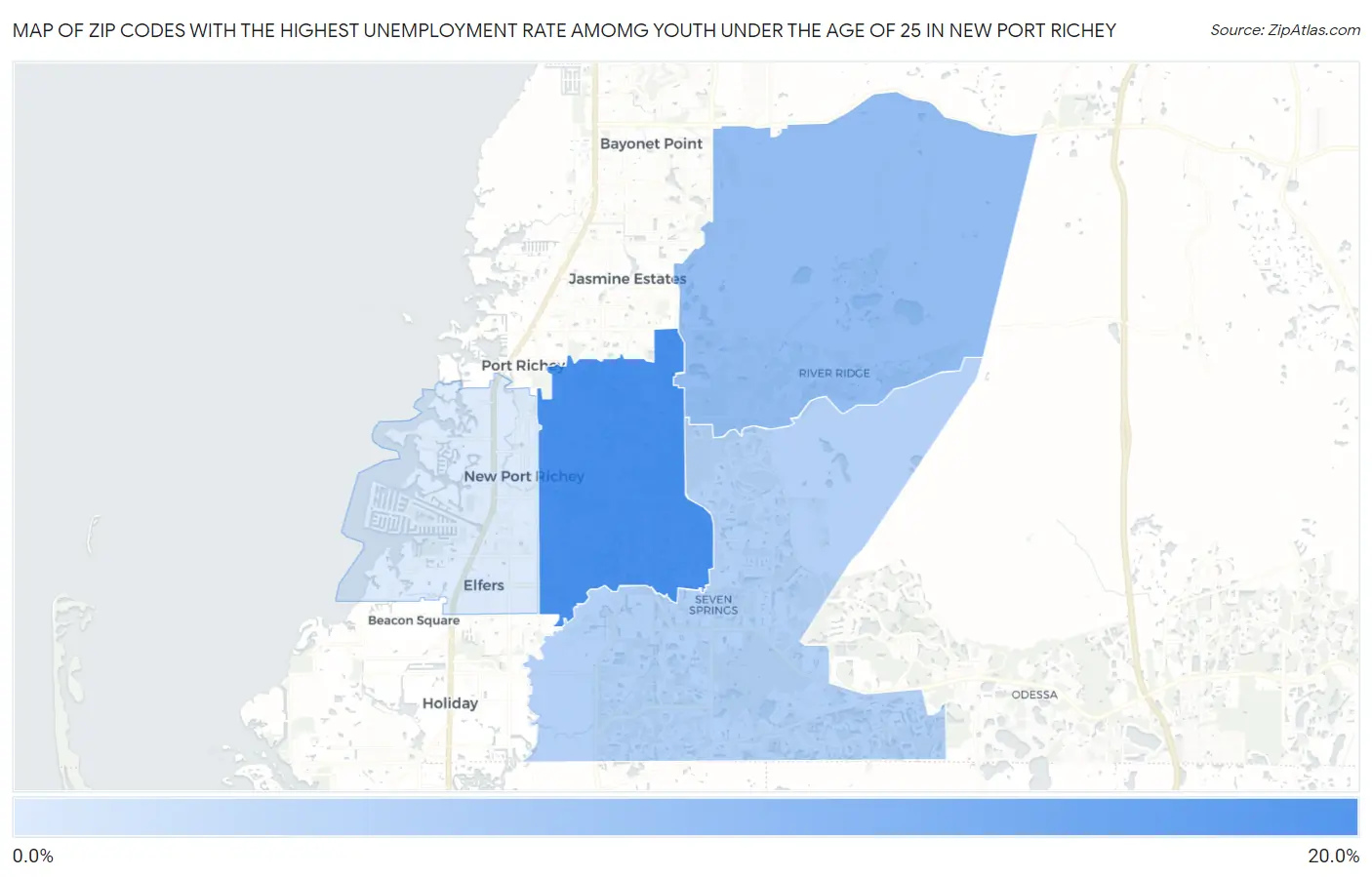 Zip Codes with the Highest Unemployment Rate Amomg Youth Under the Age of 25 in New Port Richey Map