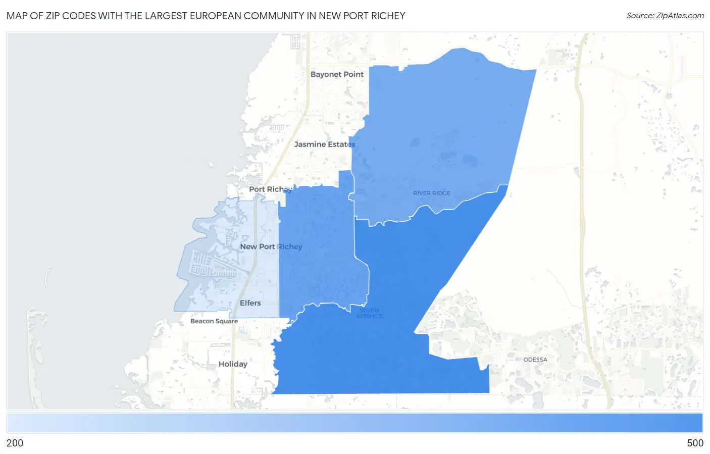 Zip Codes with the Largest European Community in New Port Richey Map