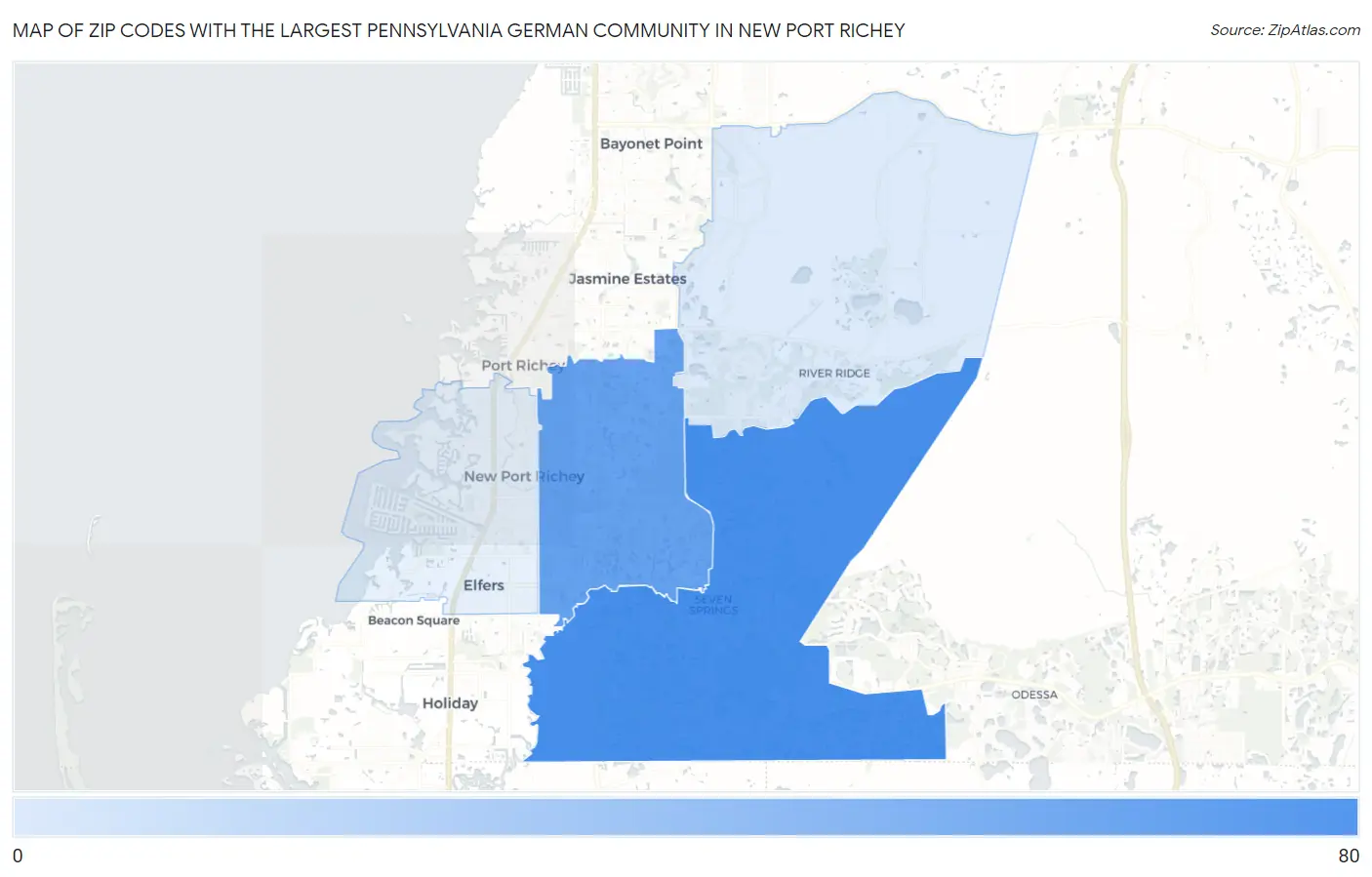 Zip Codes with the Largest Pennsylvania German Community in New Port Richey Map