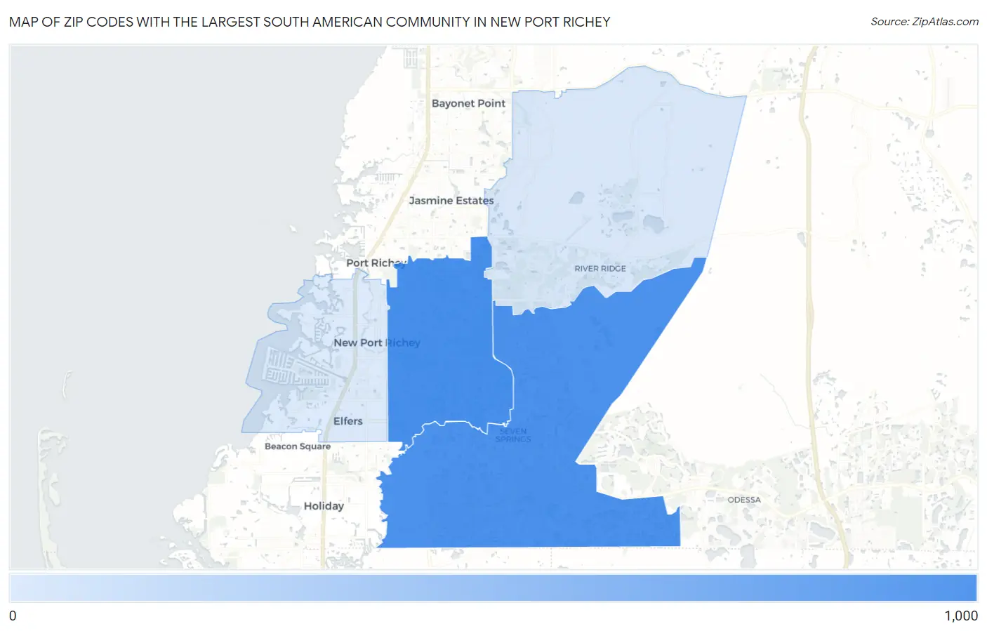 Zip Codes with the Largest South American Community in New Port Richey Map