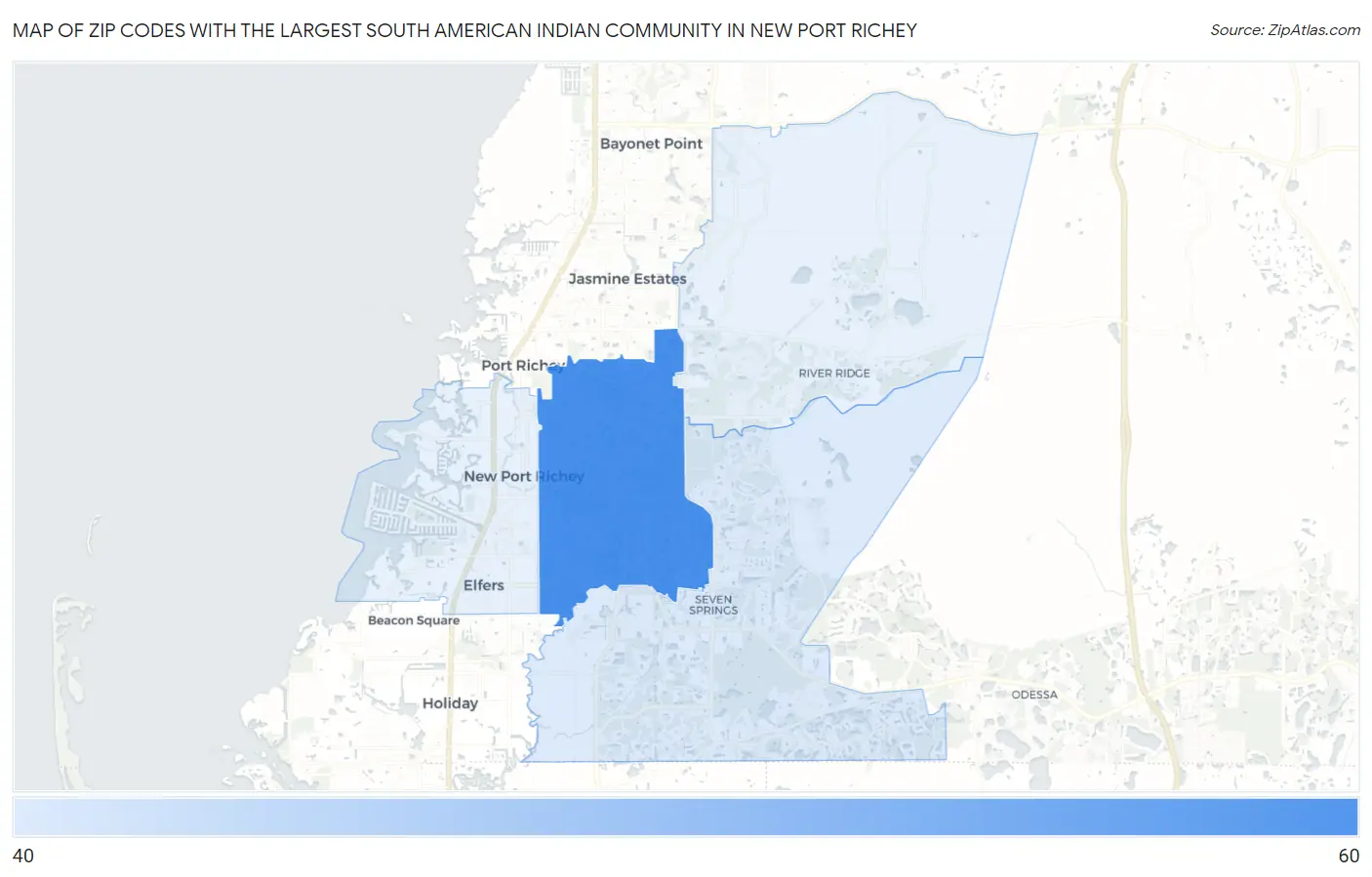 Zip Codes with the Largest South American Indian Community in New Port Richey Map