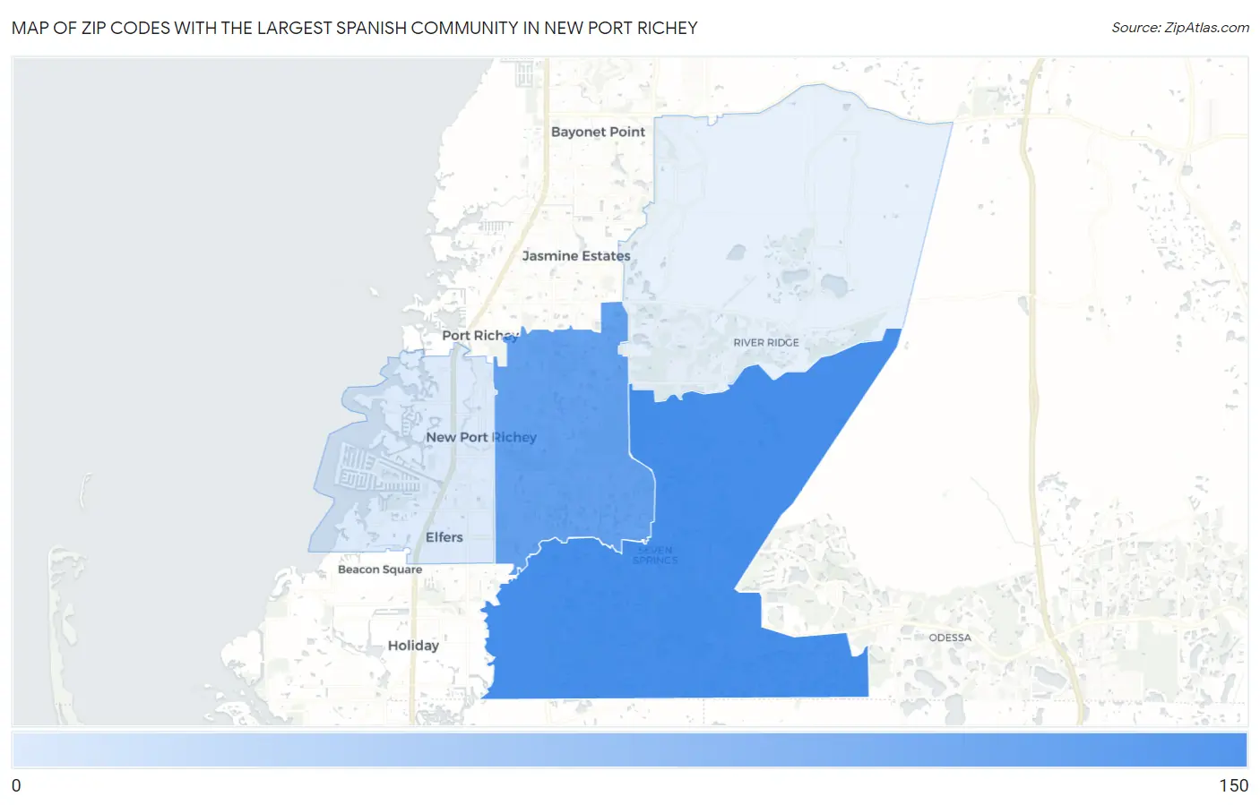Zip Codes with the Largest Spanish Community in New Port Richey Map