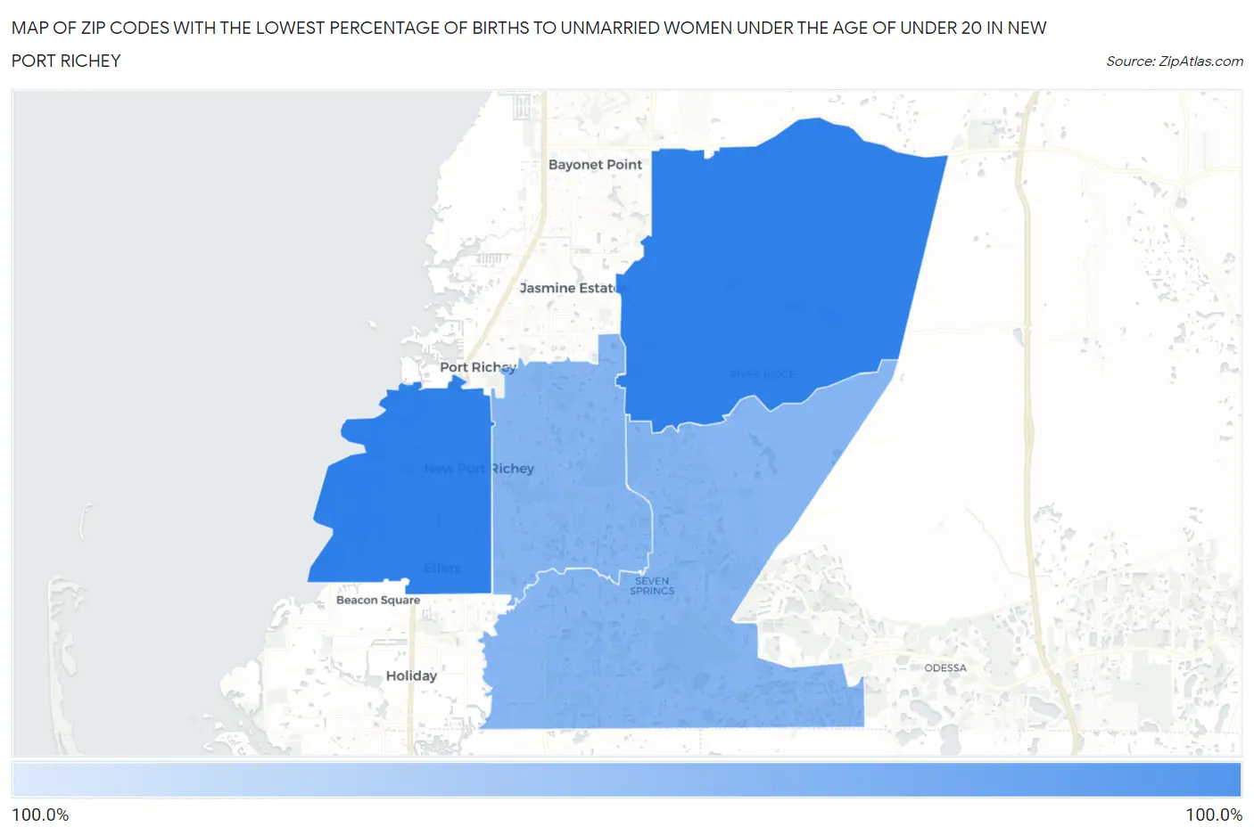 Zip Codes with the Lowest Percentage of Births to Unmarried Women under the Age of under 20 in New Port Richey Map