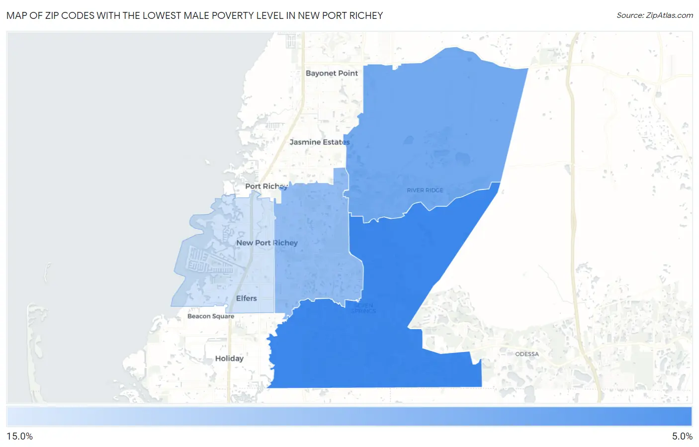 Zip Codes with the Lowest Male Poverty Level in New Port Richey Map