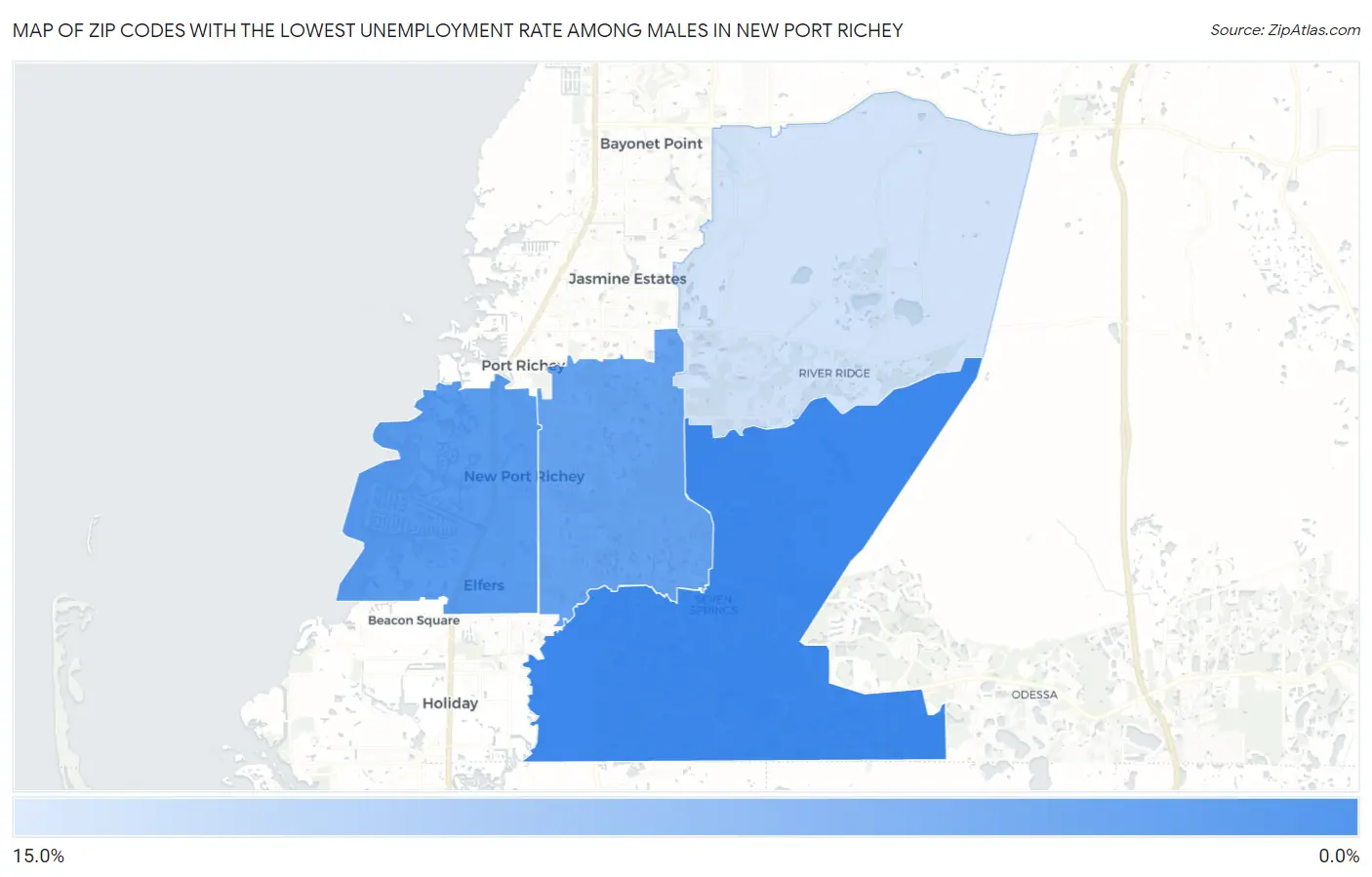 Zip Codes with the Lowest Unemployment Rate Among Males in New Port Richey Map