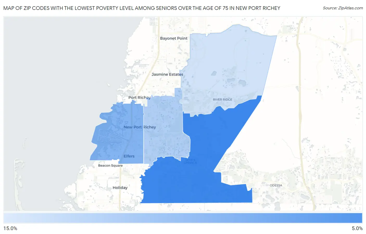 Zip Codes with the Lowest Poverty Level Among Seniors Over the Age of 75 in New Port Richey Map
