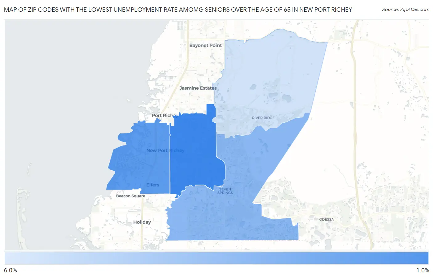 Zip Codes with the Lowest Unemployment Rate Amomg Seniors Over the Age of 65 in New Port Richey Map