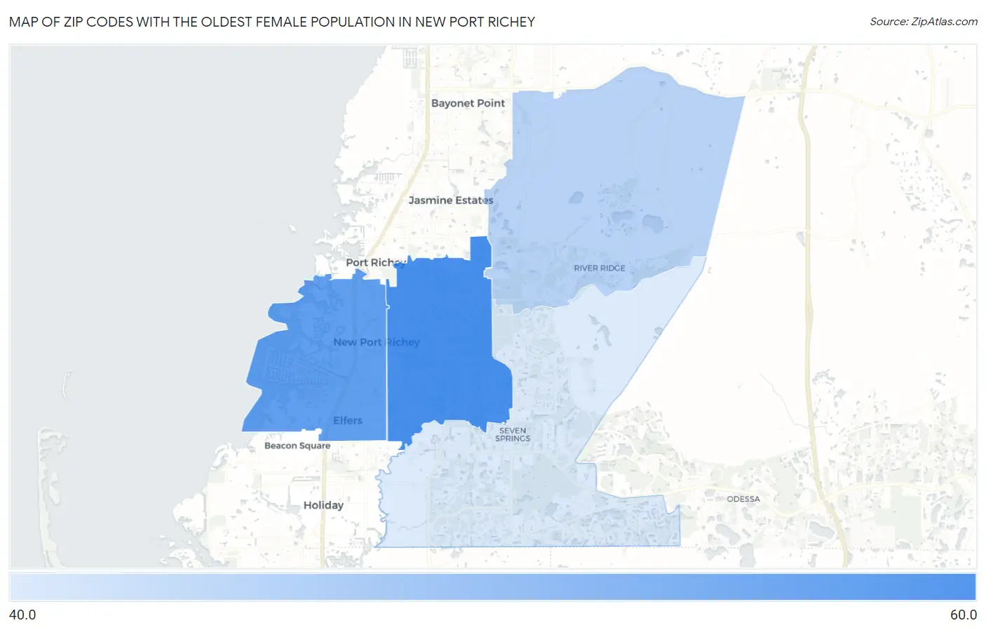 Zip Codes with the Oldest Female Population in New Port Richey Map