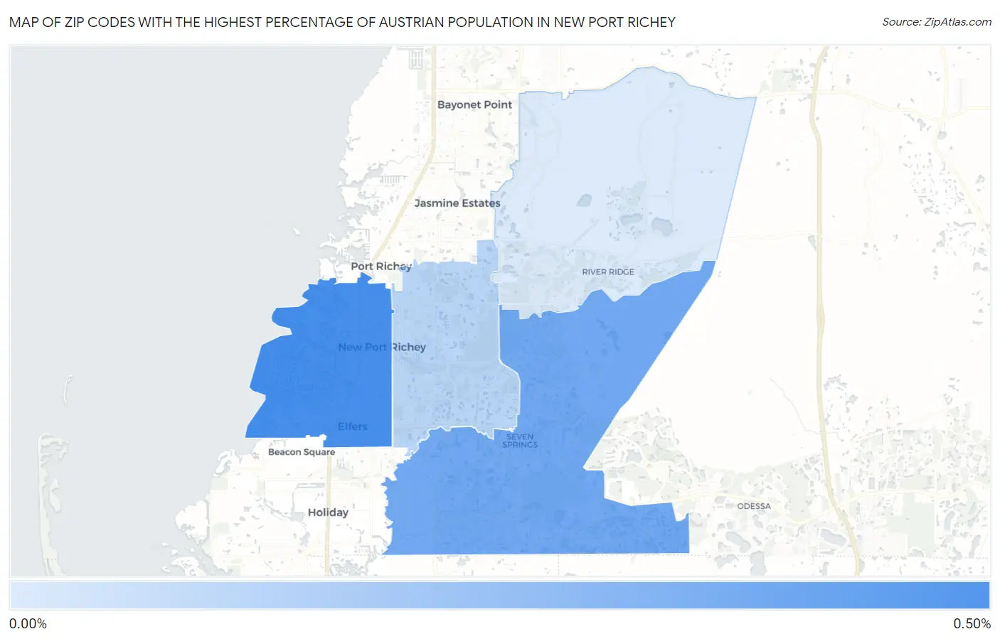 Zip Codes with the Highest Percentage of Austrian Population in New Port Richey Map