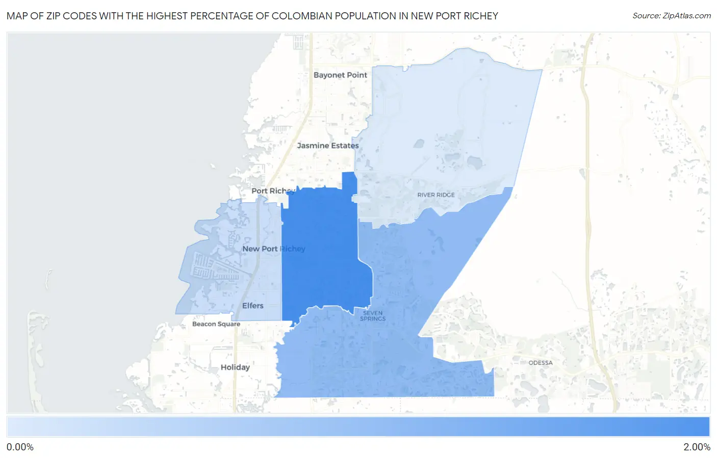 Zip Codes with the Highest Percentage of Colombian Population in New Port Richey Map