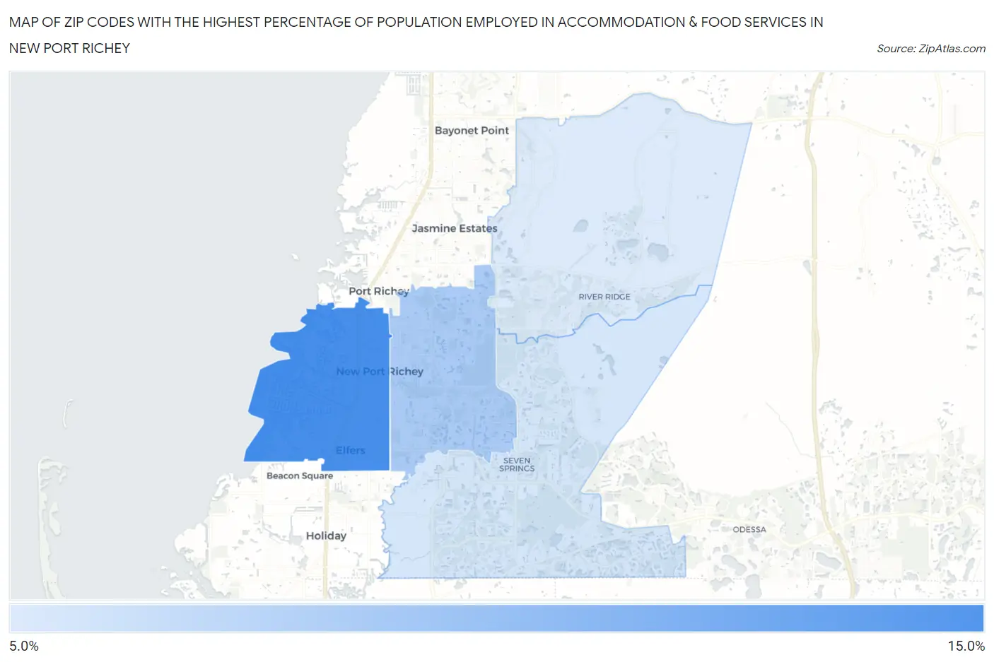 Zip Codes with the Highest Percentage of Population Employed in Accommodation & Food Services in New Port Richey Map