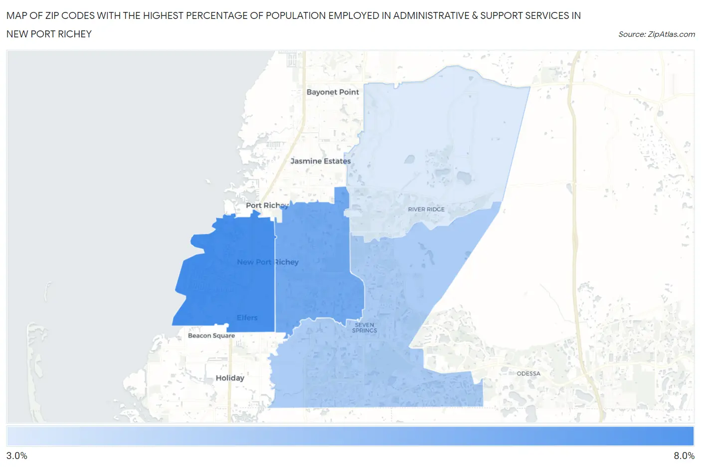 Zip Codes with the Highest Percentage of Population Employed in Administrative & Support Services in New Port Richey Map