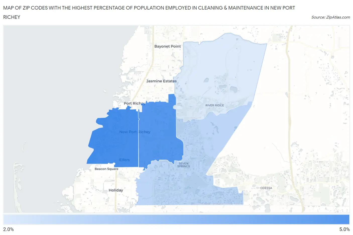 Zip Codes with the Highest Percentage of Population Employed in Cleaning & Maintenance in New Port Richey Map