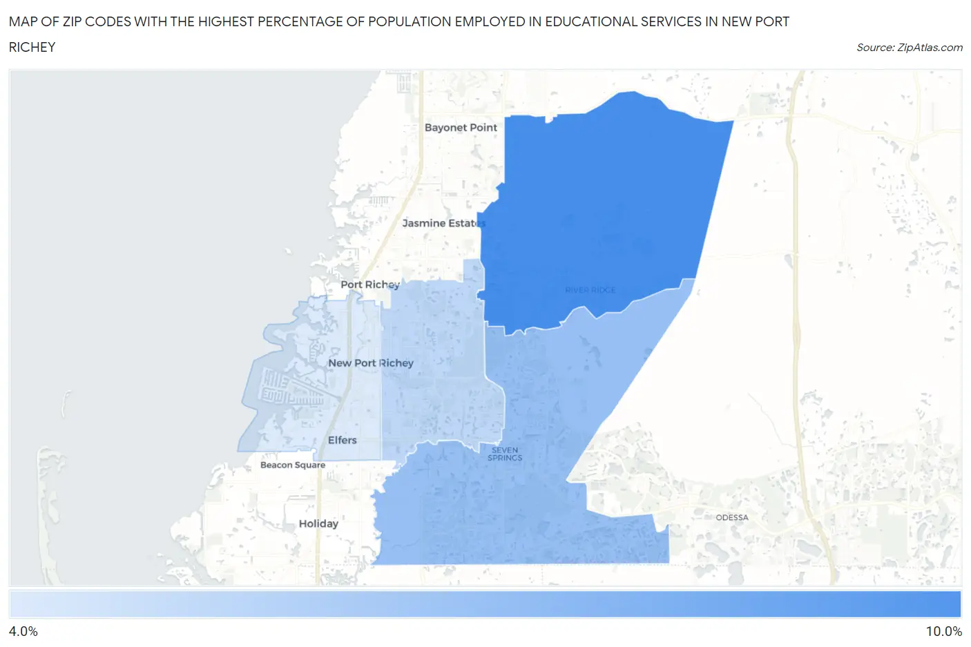 Zip Codes with the Highest Percentage of Population Employed in Educational Services in New Port Richey Map