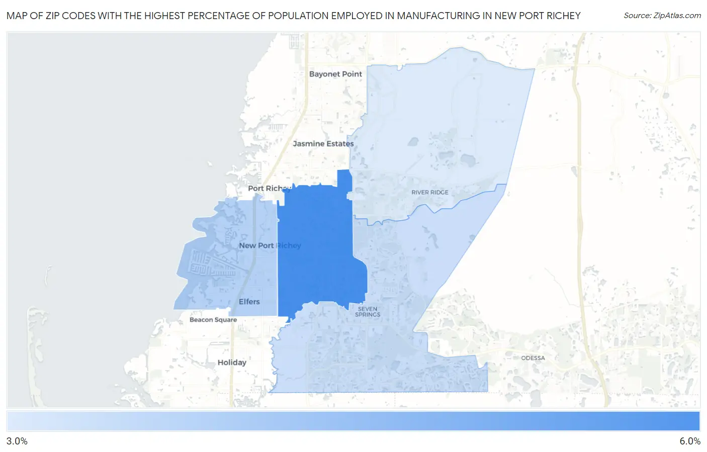 Zip Codes with the Highest Percentage of Population Employed in Manufacturing in New Port Richey Map