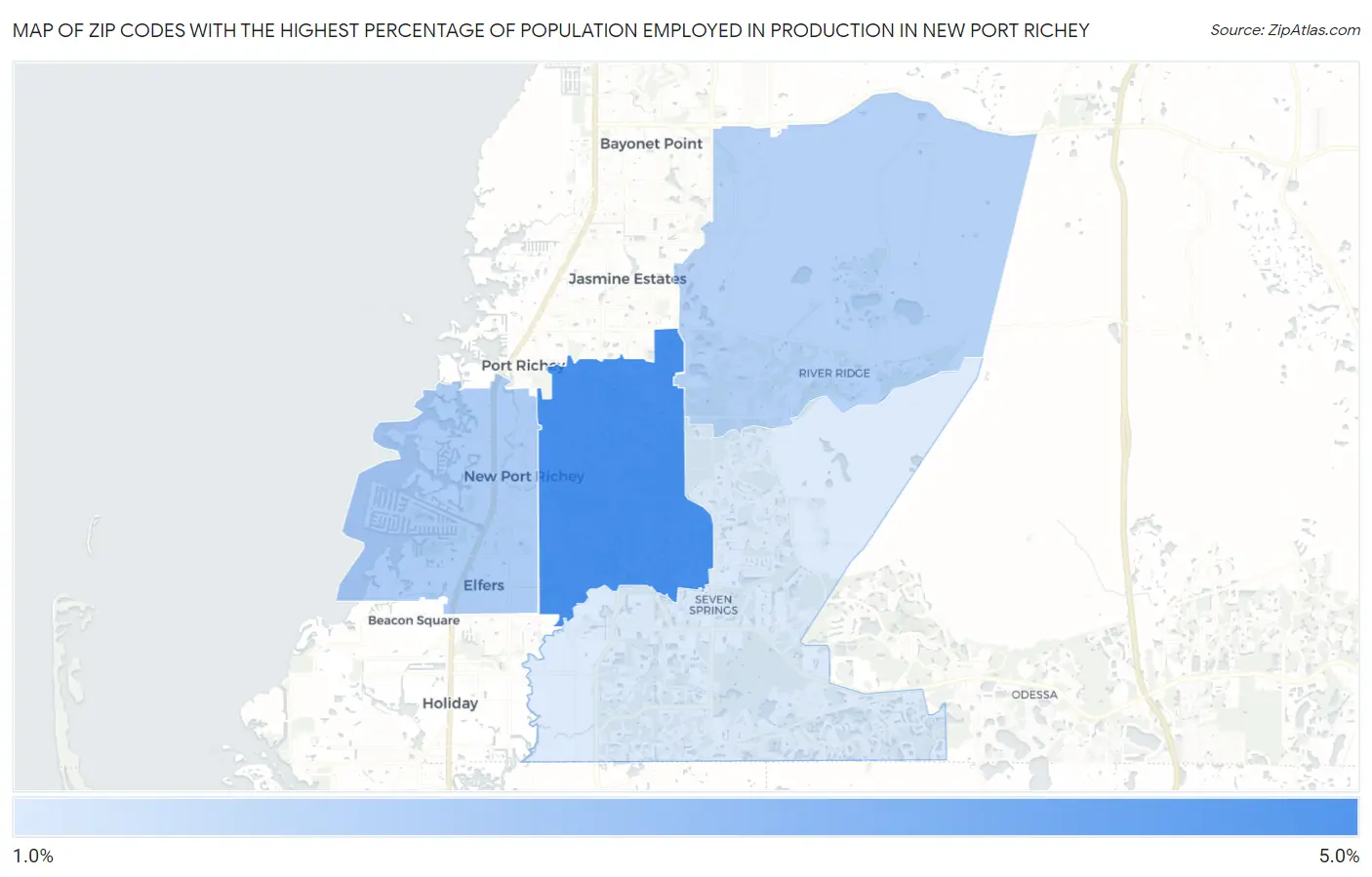 Zip Codes with the Highest Percentage of Population Employed in Production in New Port Richey Map