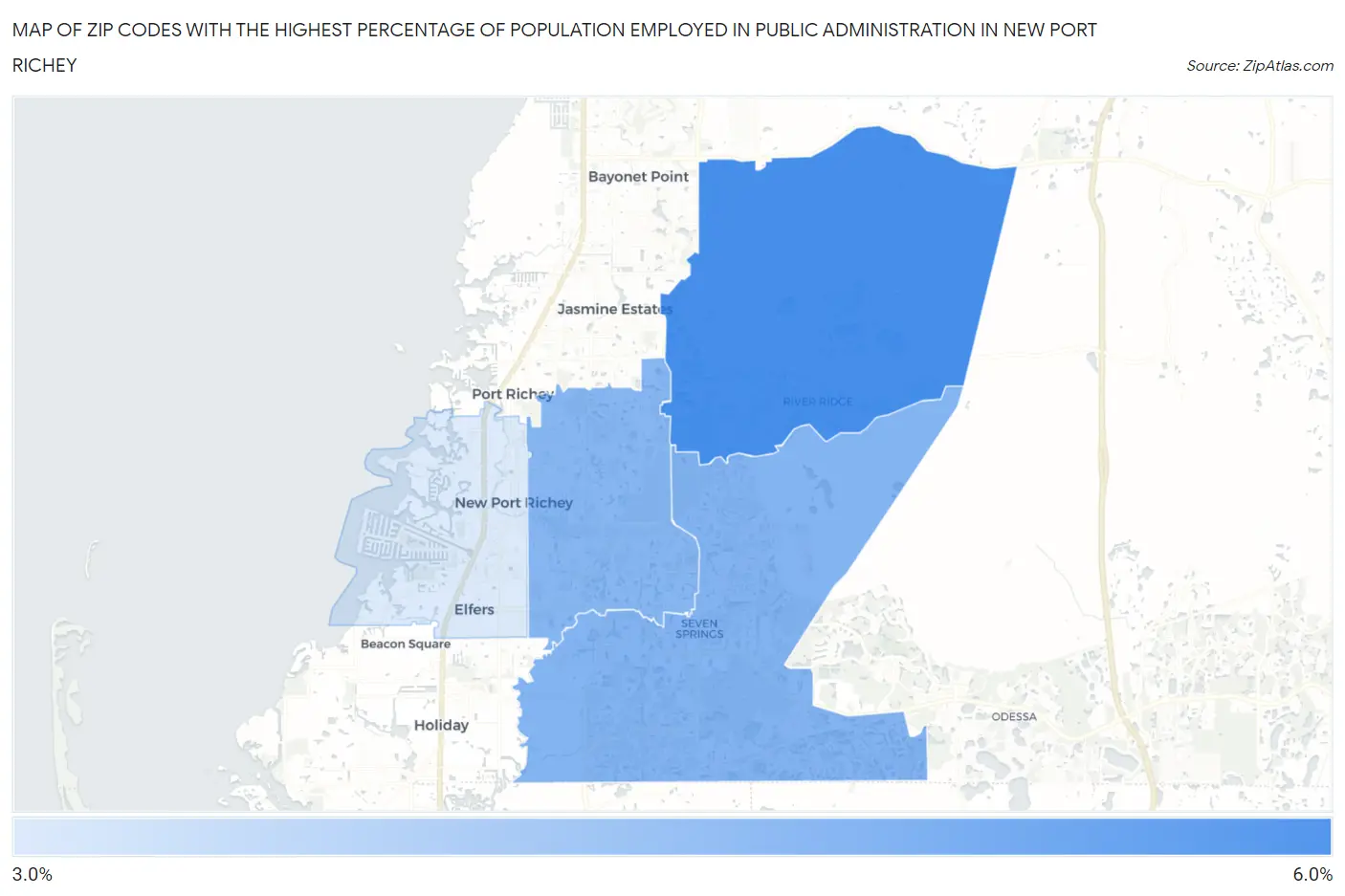 Zip Codes with the Highest Percentage of Population Employed in Public Administration in New Port Richey Map
