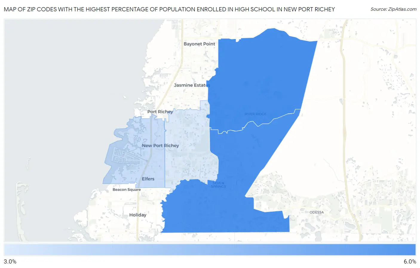Zip Codes with the Highest Percentage of Population Enrolled in High School in New Port Richey Map