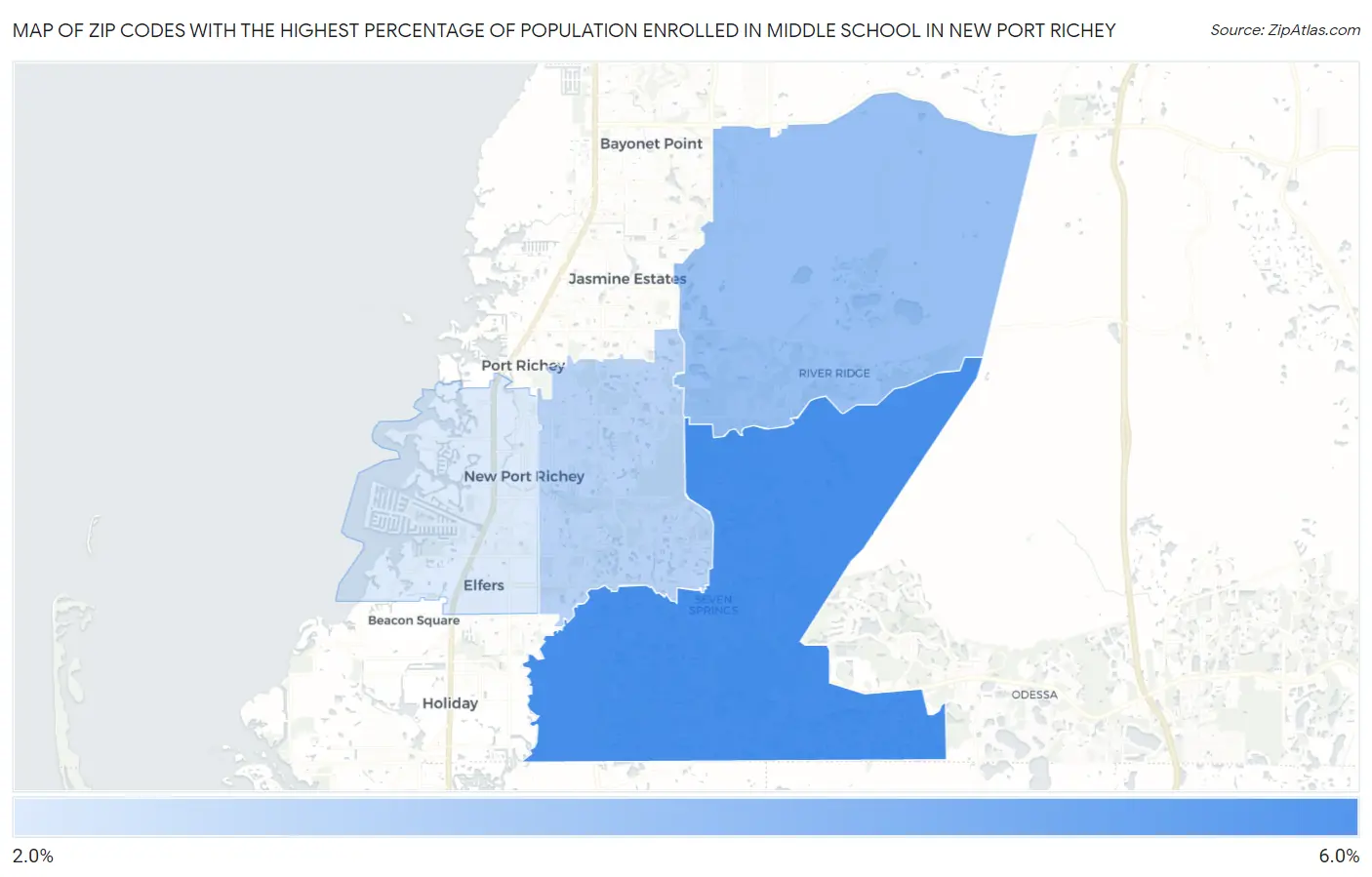 Zip Codes with the Highest Percentage of Population Enrolled in Middle School in New Port Richey Map