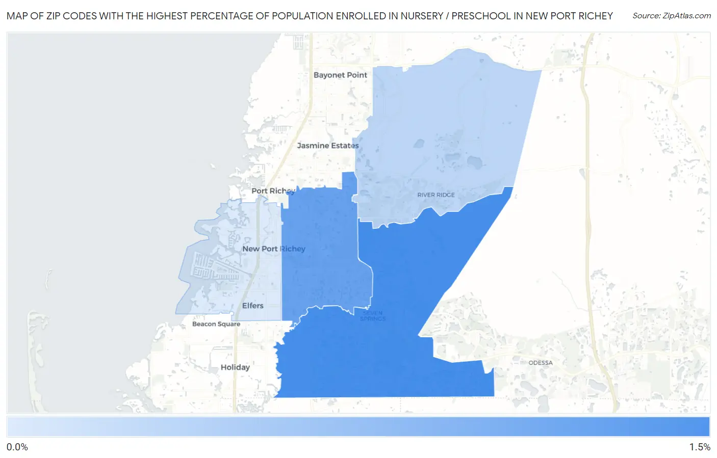 Zip Codes with the Highest Percentage of Population Enrolled in Nursery / Preschool in New Port Richey Map