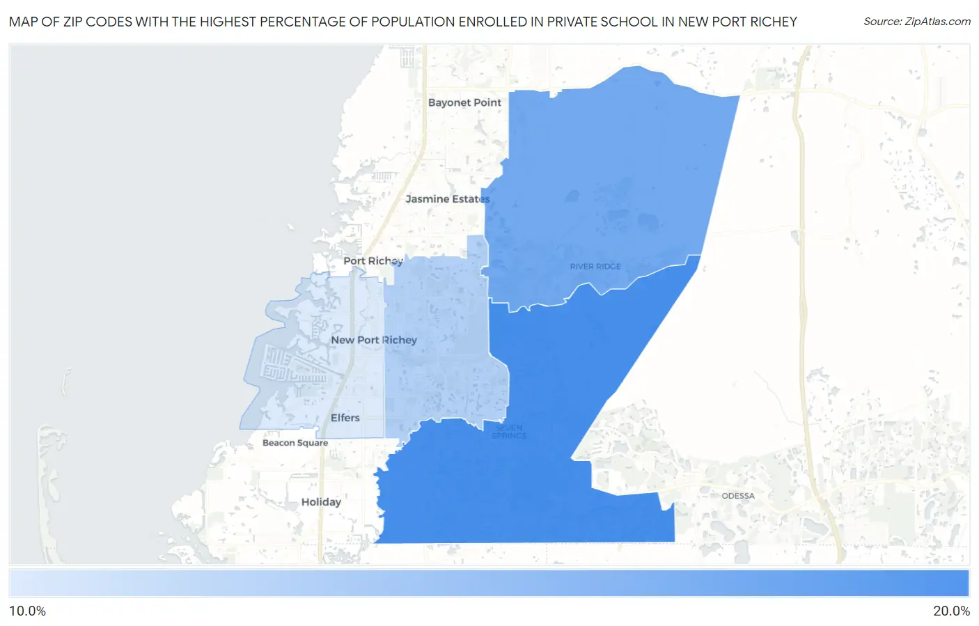 Zip Codes with the Highest Percentage of Population Enrolled in Private School in New Port Richey Map