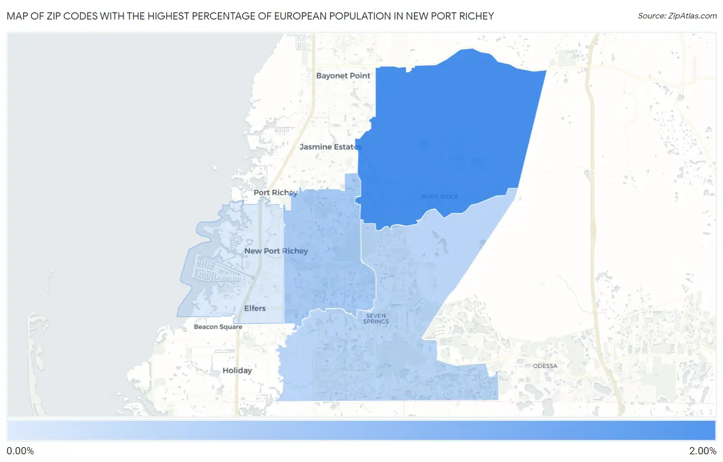 Zip Codes with the Highest Percentage of European Population in New Port Richey Map