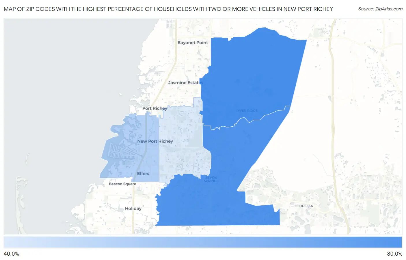 Zip Codes with the Highest Percentage of Households With Two or more Vehicles in New Port Richey Map