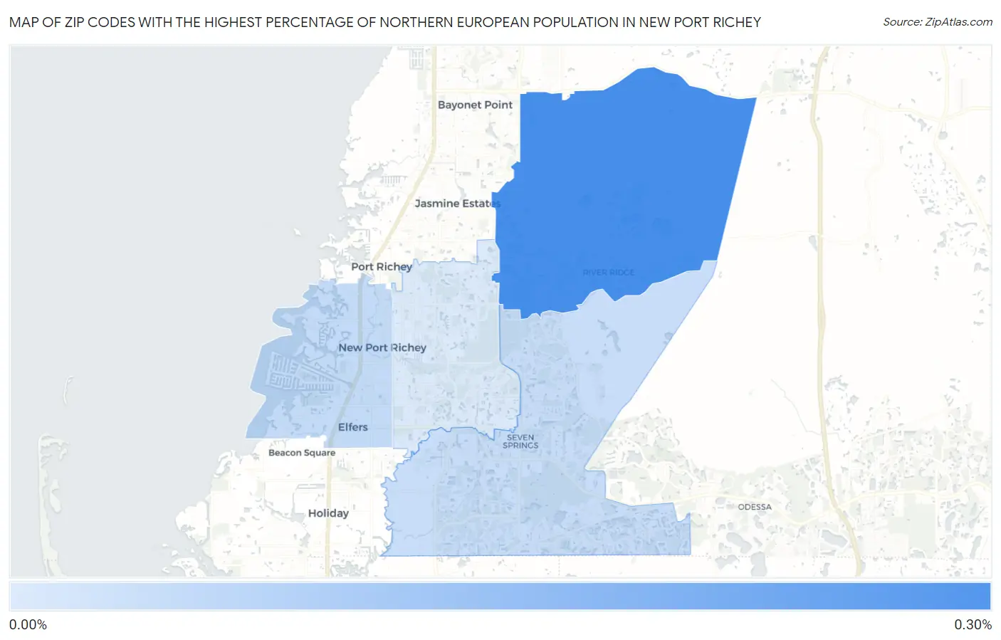 Zip Codes with the Highest Percentage of Northern European Population in New Port Richey Map