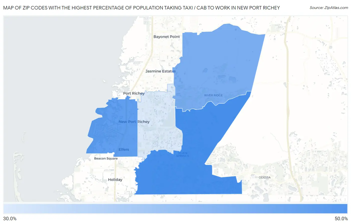 Zip Codes with the Highest Percentage of Population Taking Taxi / Cab to Work in New Port Richey Map