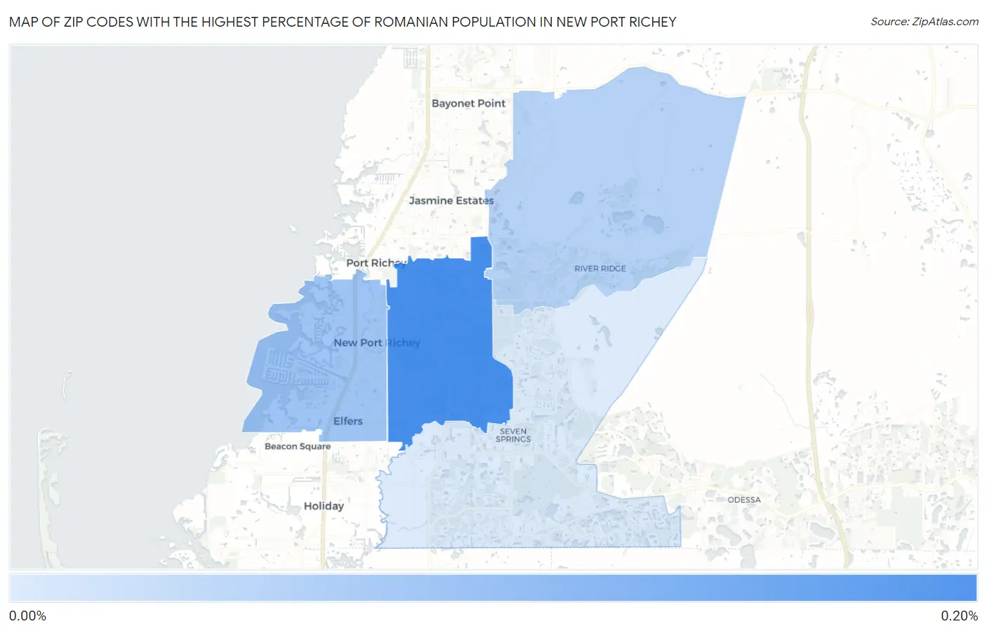 Zip Codes with the Highest Percentage of Romanian Population in New Port Richey Map