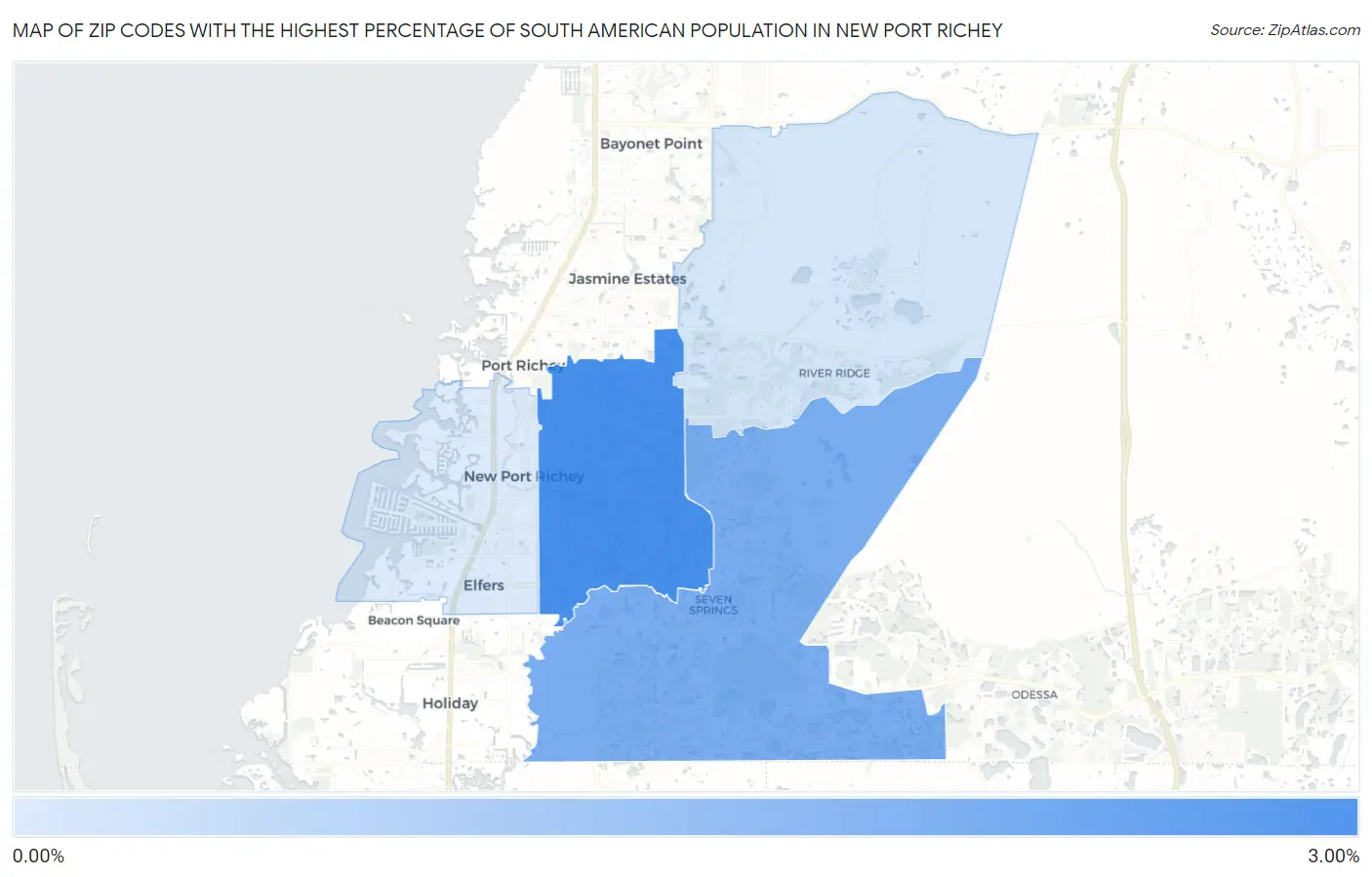 Zip Codes with the Highest Percentage of South American Population in New Port Richey Map