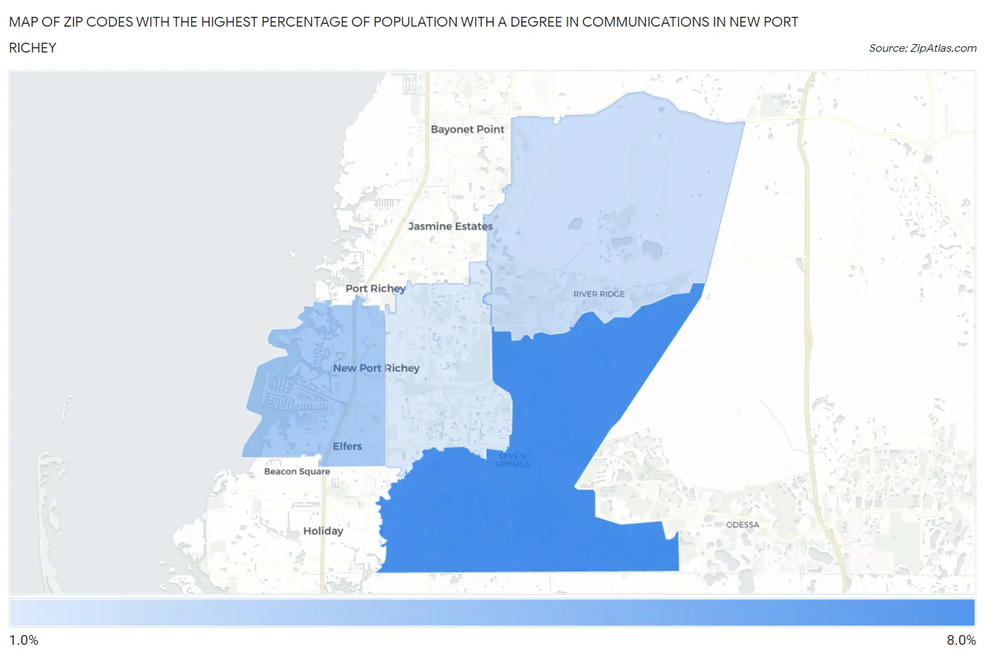 Zip Codes with the Highest Percentage of Population with a Degree in Communications in New Port Richey Map