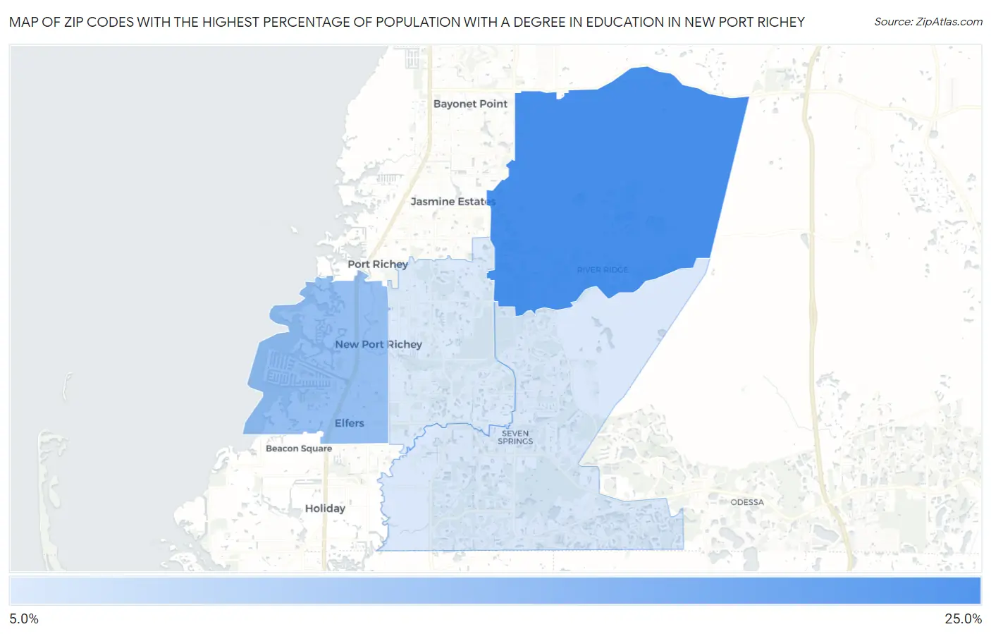 Zip Codes with the Highest Percentage of Population with a Degree in Education in New Port Richey Map