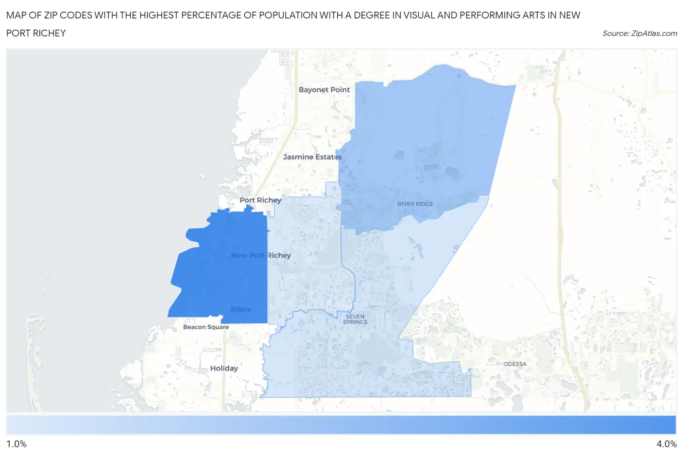 Zip Codes with the Highest Percentage of Population with a Degree in Visual and Performing Arts in New Port Richey Map
