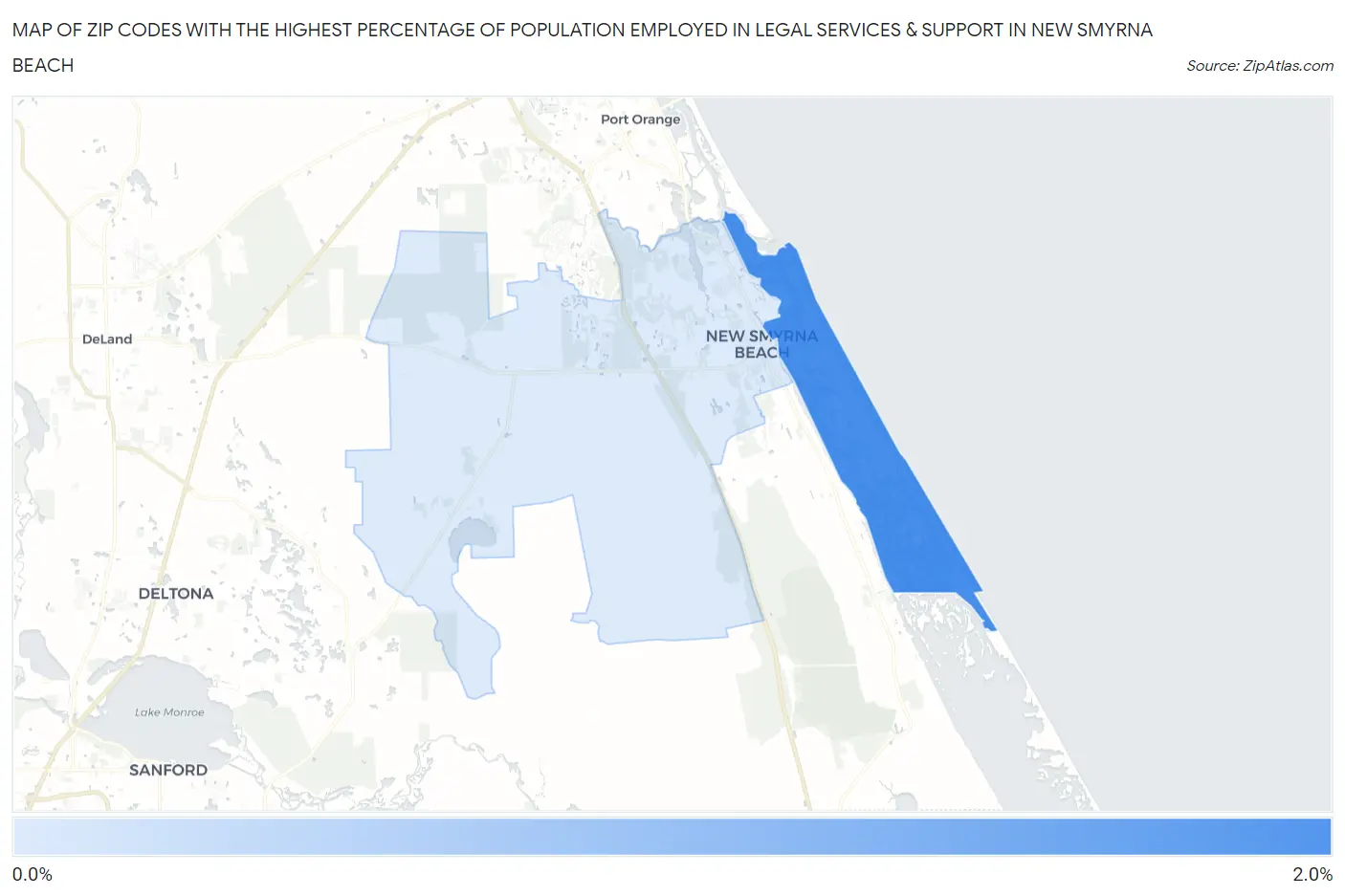 Zip Codes with the Highest Percentage of Population Employed in Legal Services & Support in New Smyrna Beach Map
