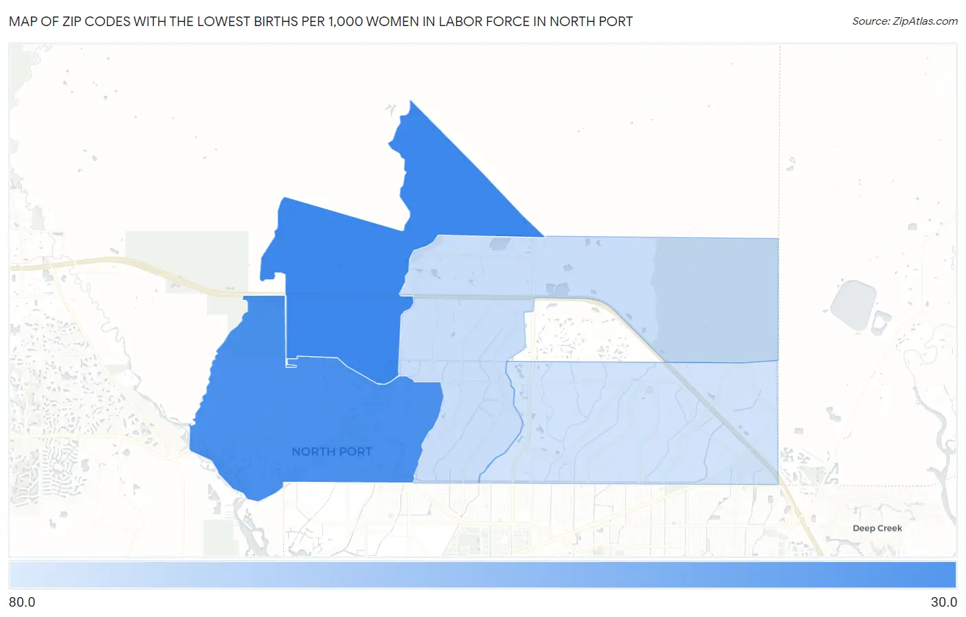 Zip Codes with the Lowest Births per 1,000 Women in Labor Force in North Port Map