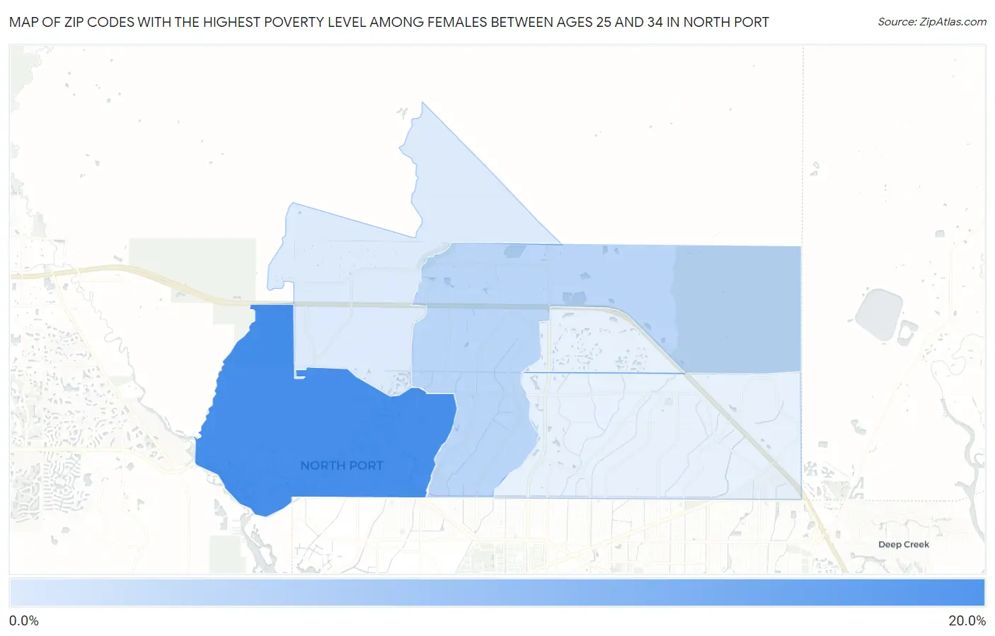 Zip Codes with the Highest Poverty Level Among Females Between Ages 25 and 34 in North Port Map