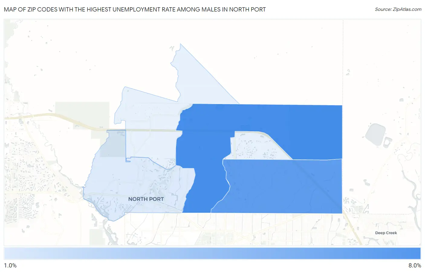 Zip Codes with the Highest Unemployment Rate Among Males in North Port Map