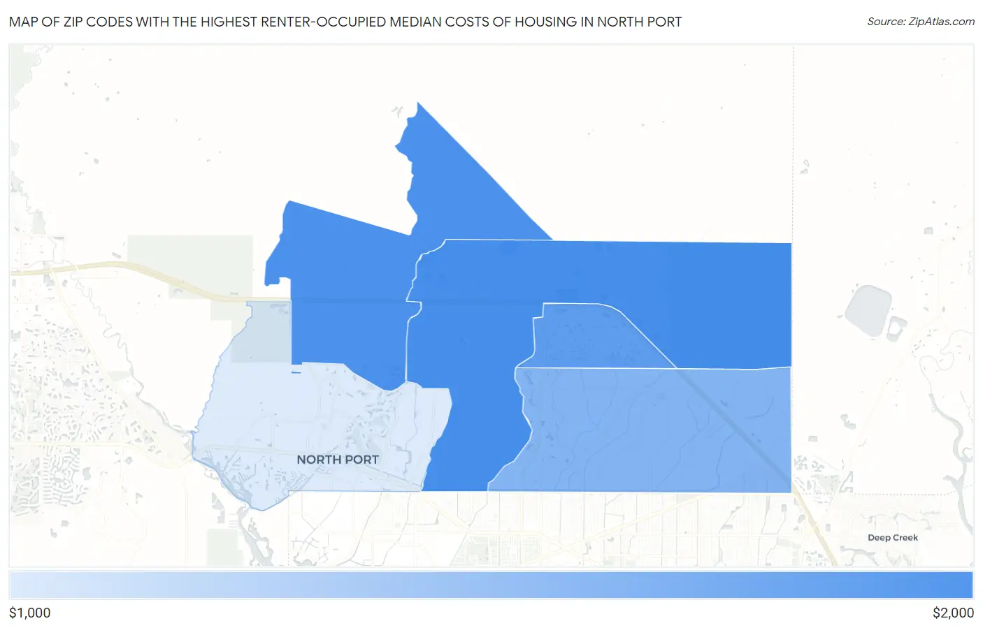 Zip Codes with the Highest Renter-Occupied Median Costs of Housing in North Port Map