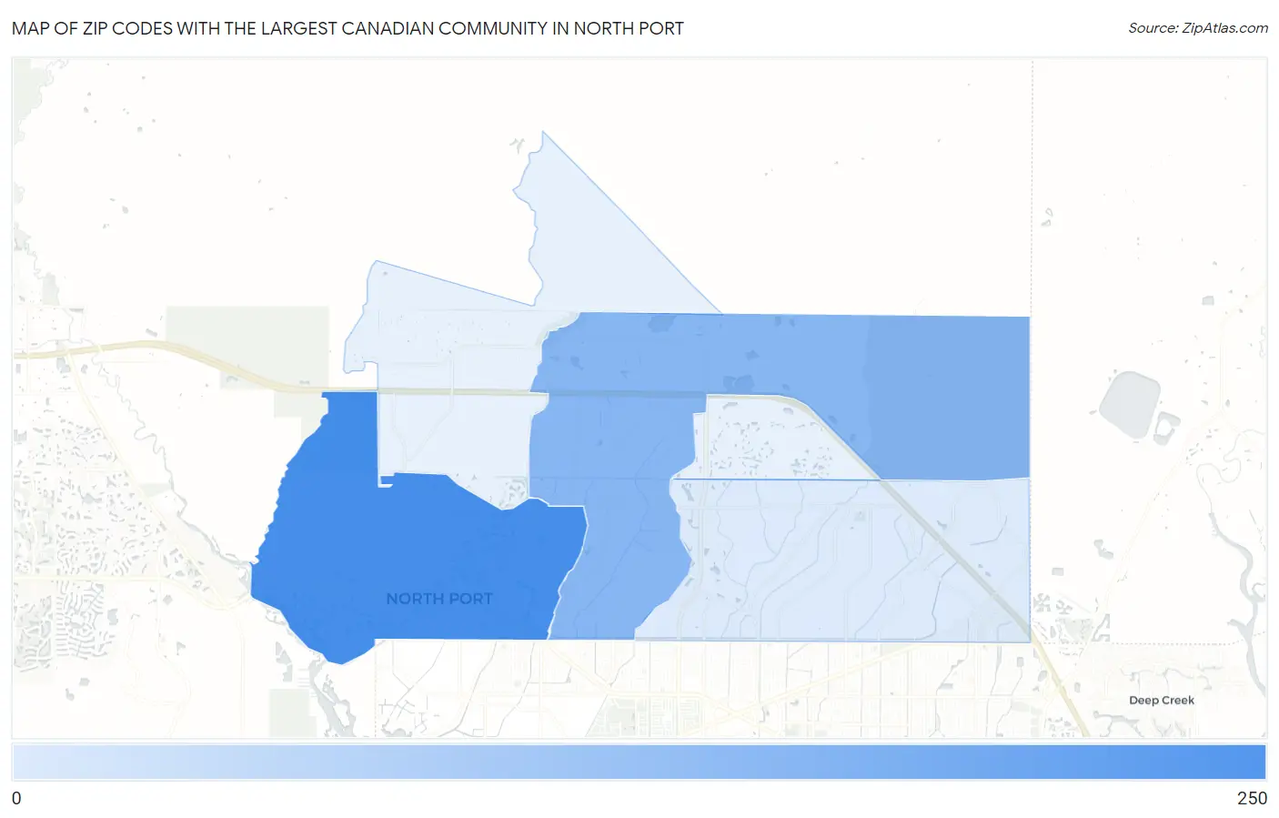Zip Codes with the Largest Canadian Community in North Port Map