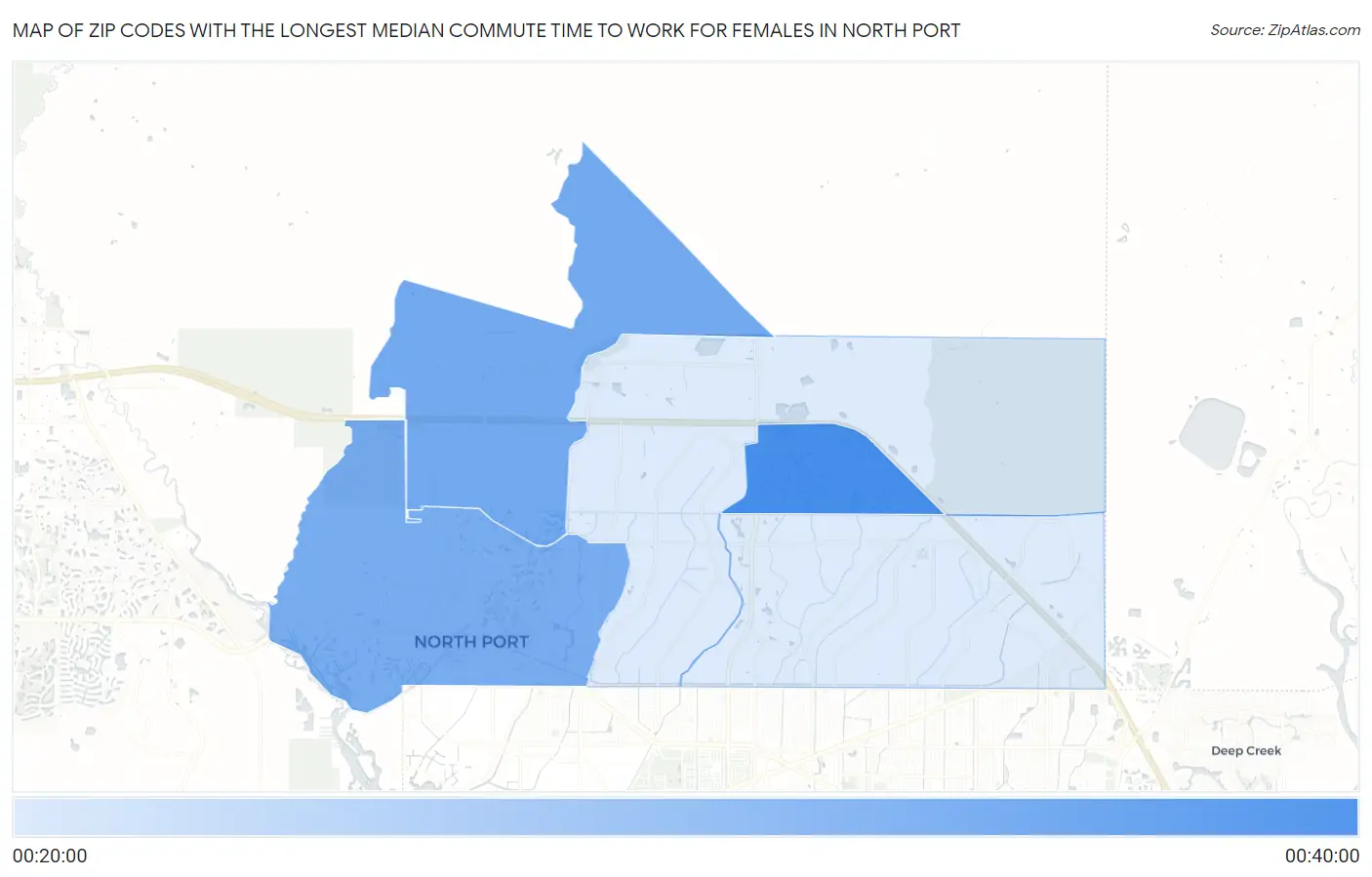Zip Codes with the Longest Median Commute Time to Work for Females in North Port Map