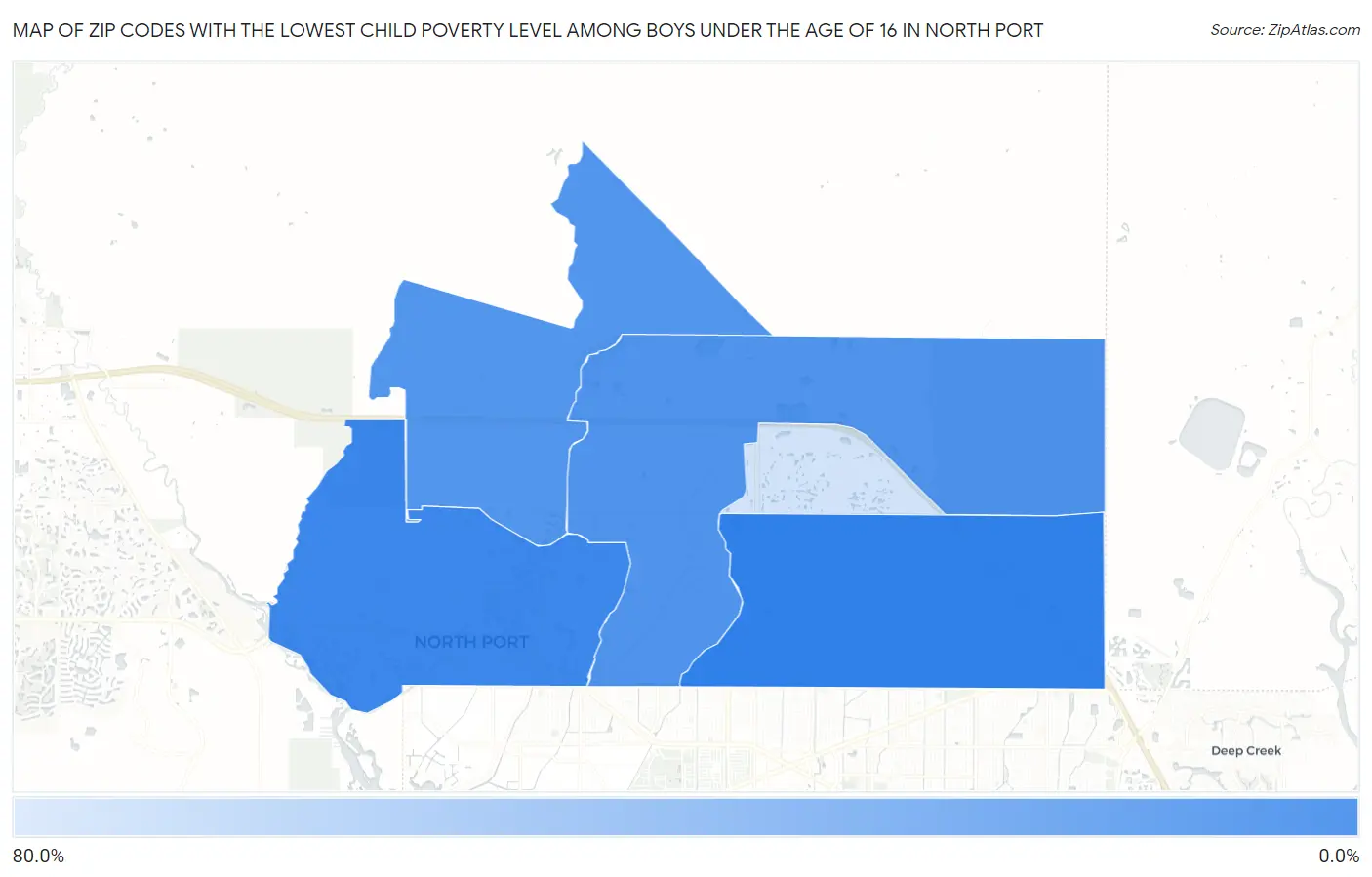 Zip Codes with the Lowest Child Poverty Level Among Boys Under the Age of 16 in North Port Map