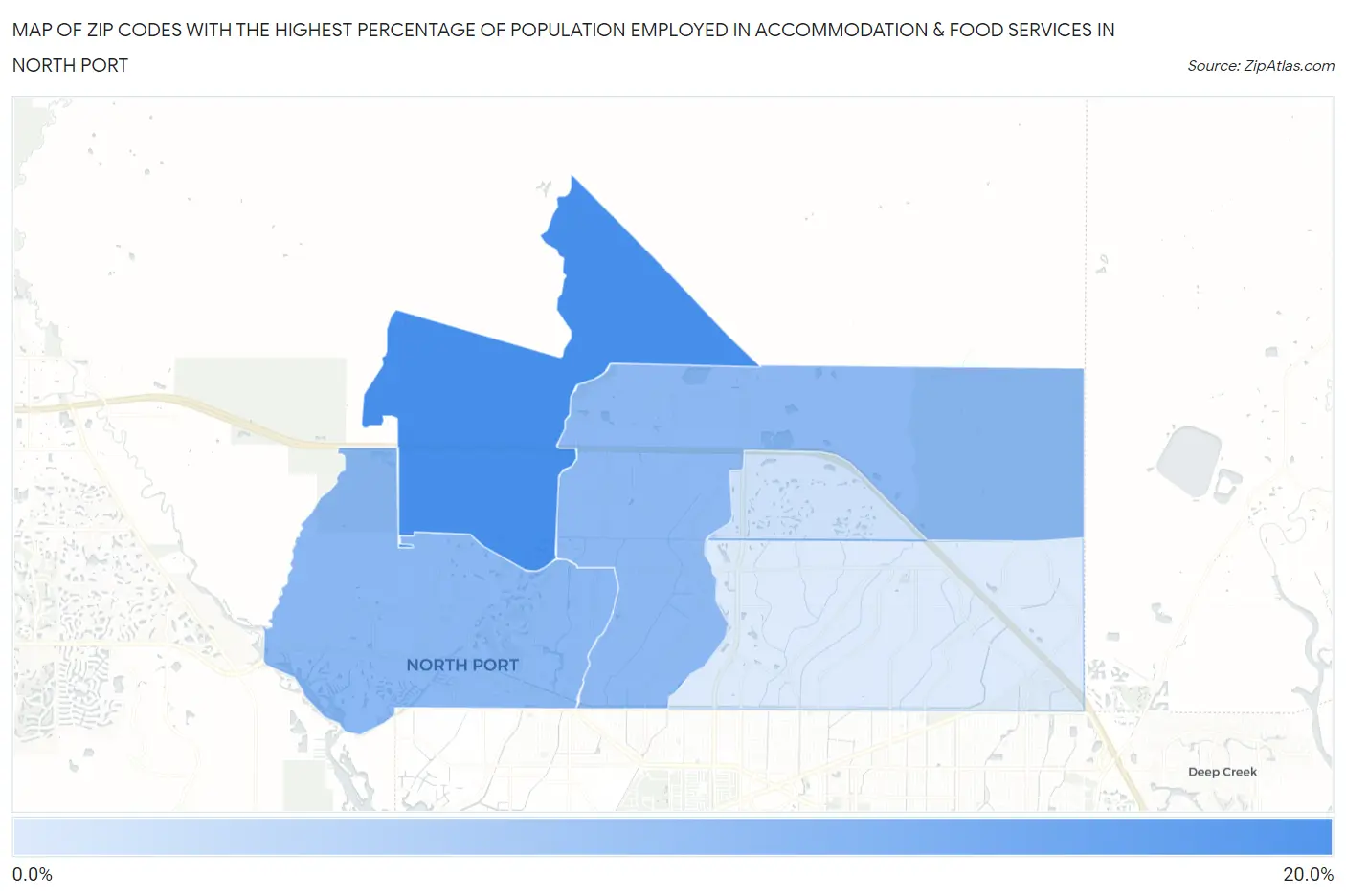 Zip Codes with the Highest Percentage of Population Employed in Accommodation & Food Services in North Port Map