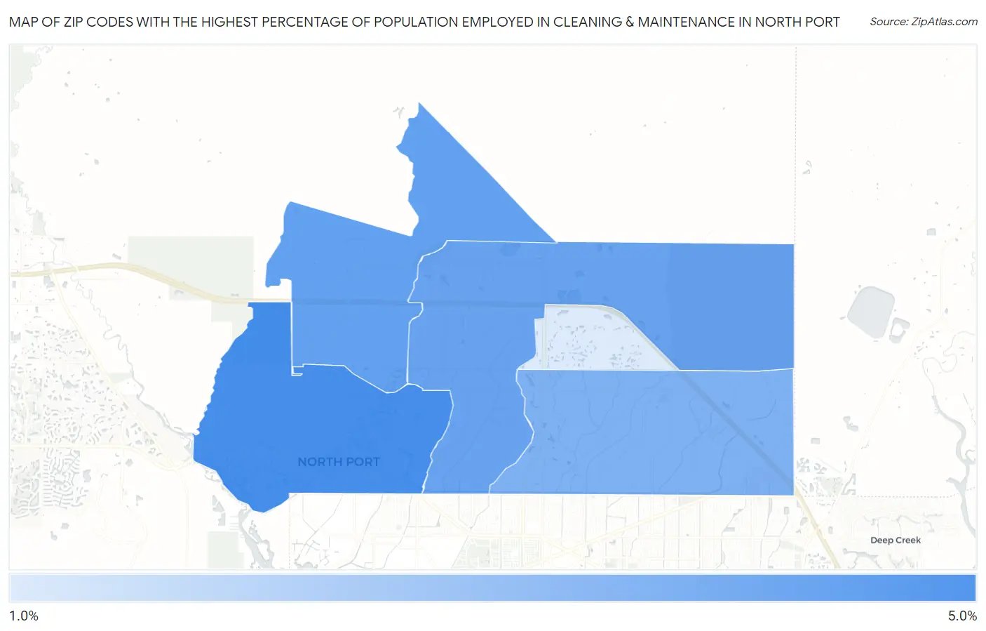 Zip Codes with the Highest Percentage of Population Employed in Cleaning & Maintenance in North Port Map