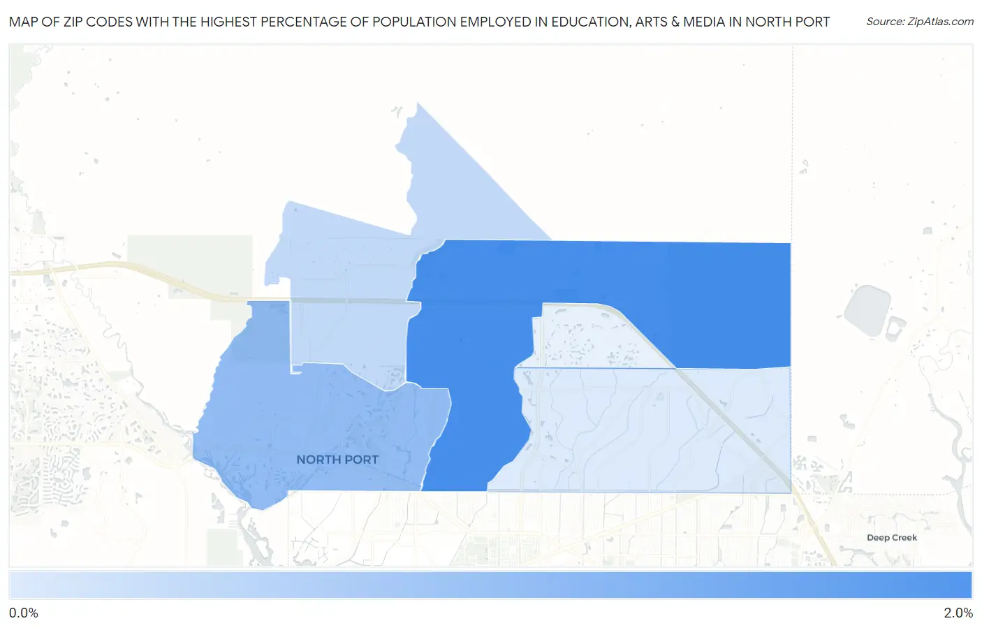 Zip Codes with the Highest Percentage of Population Employed in Education, Arts & Media in North Port Map