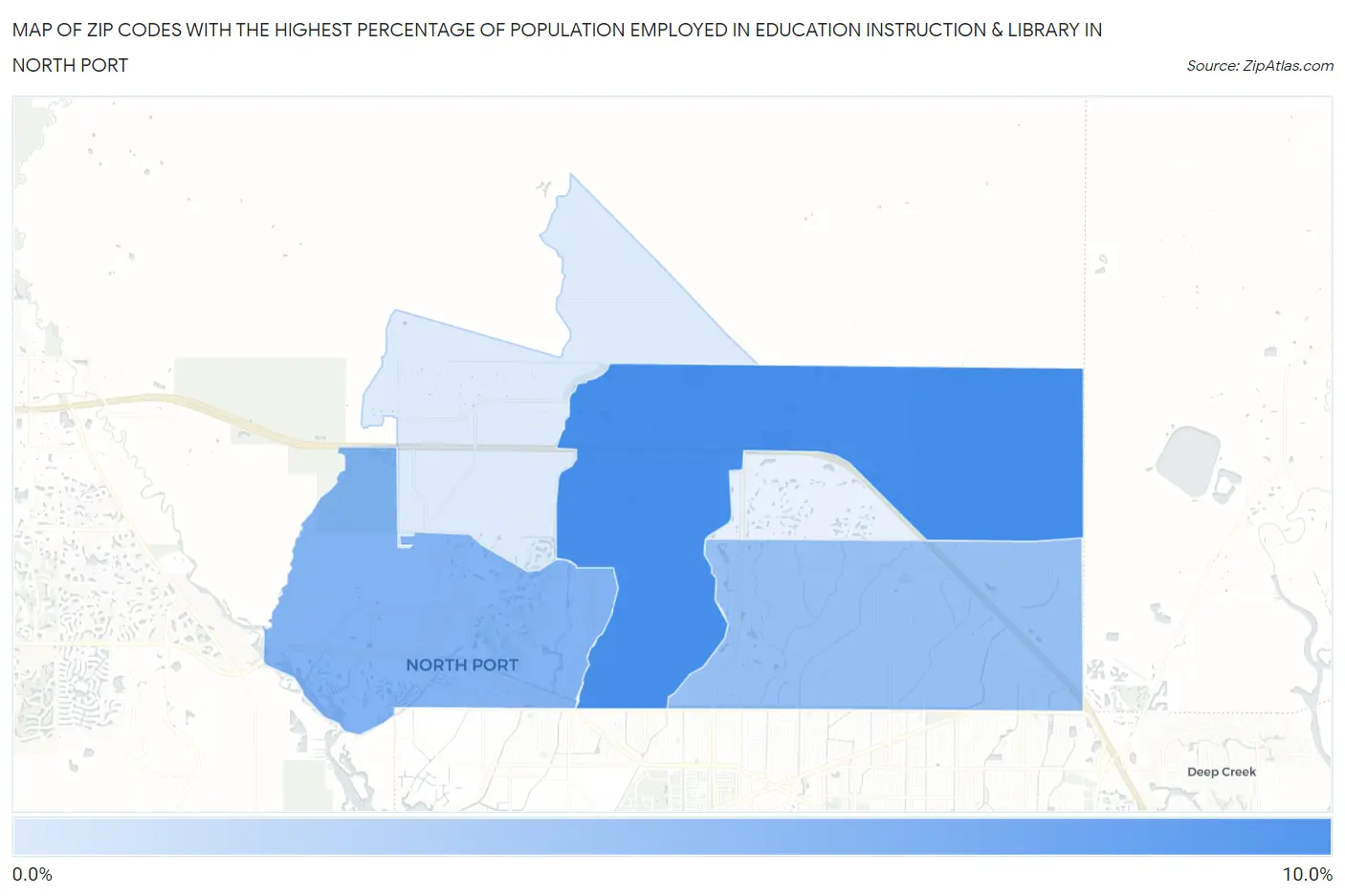 Zip Codes with the Highest Percentage of Population Employed in Education Instruction & Library in North Port Map