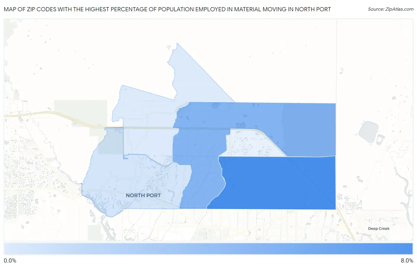 Zip Codes with the Highest Percentage of Population Employed in Material Moving in North Port Map